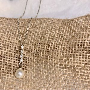 Vintage Avon faux pearl pendant and rhinestone necklace on gold tone chain